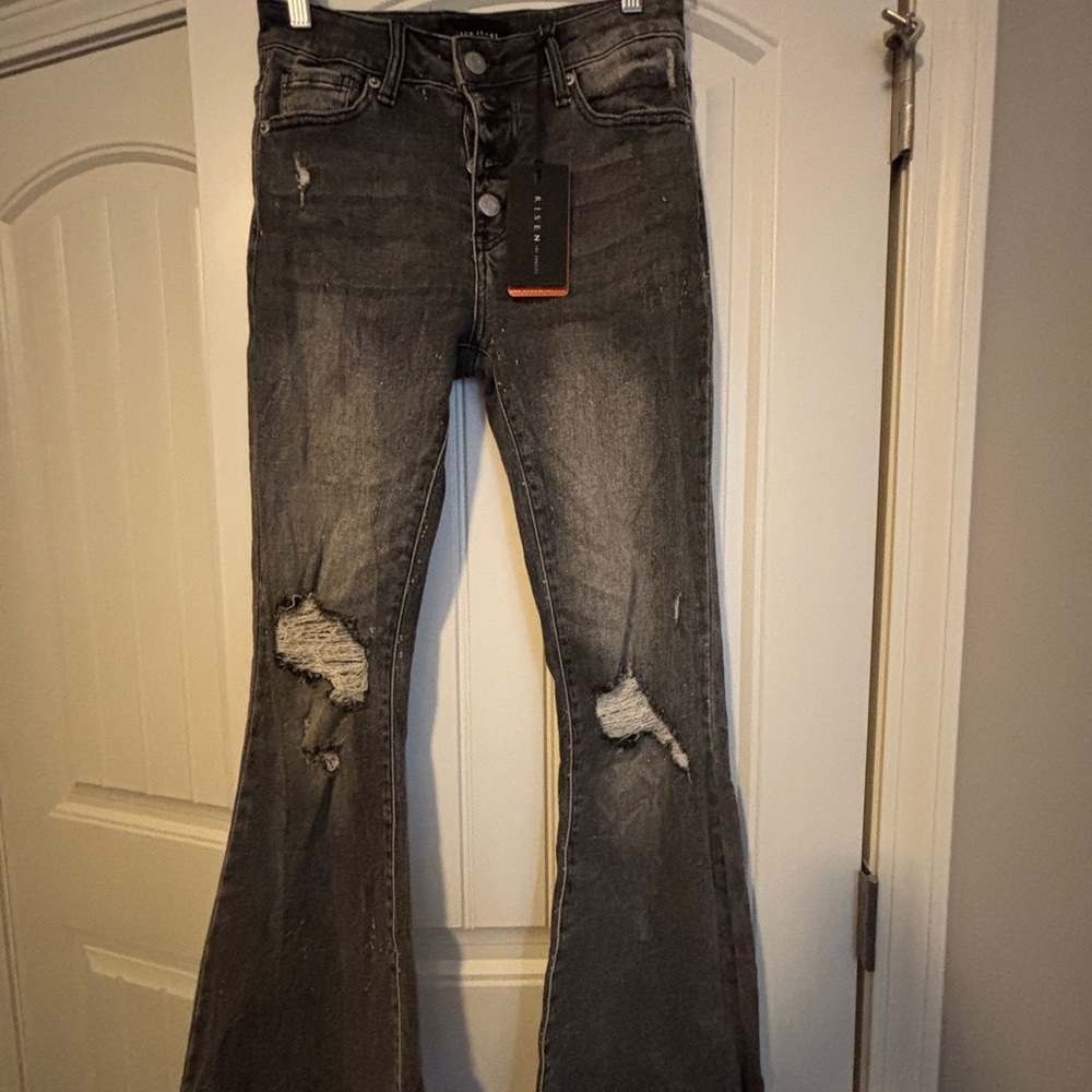 Risen Dark Gray Distressed Flare Jeans